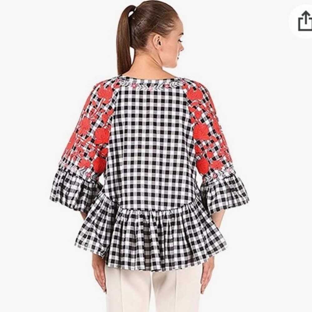 Anthropologie Pankaj and Nidhi Gingham Check Applique Cotton Top S NWOT - Picture 8 of 16